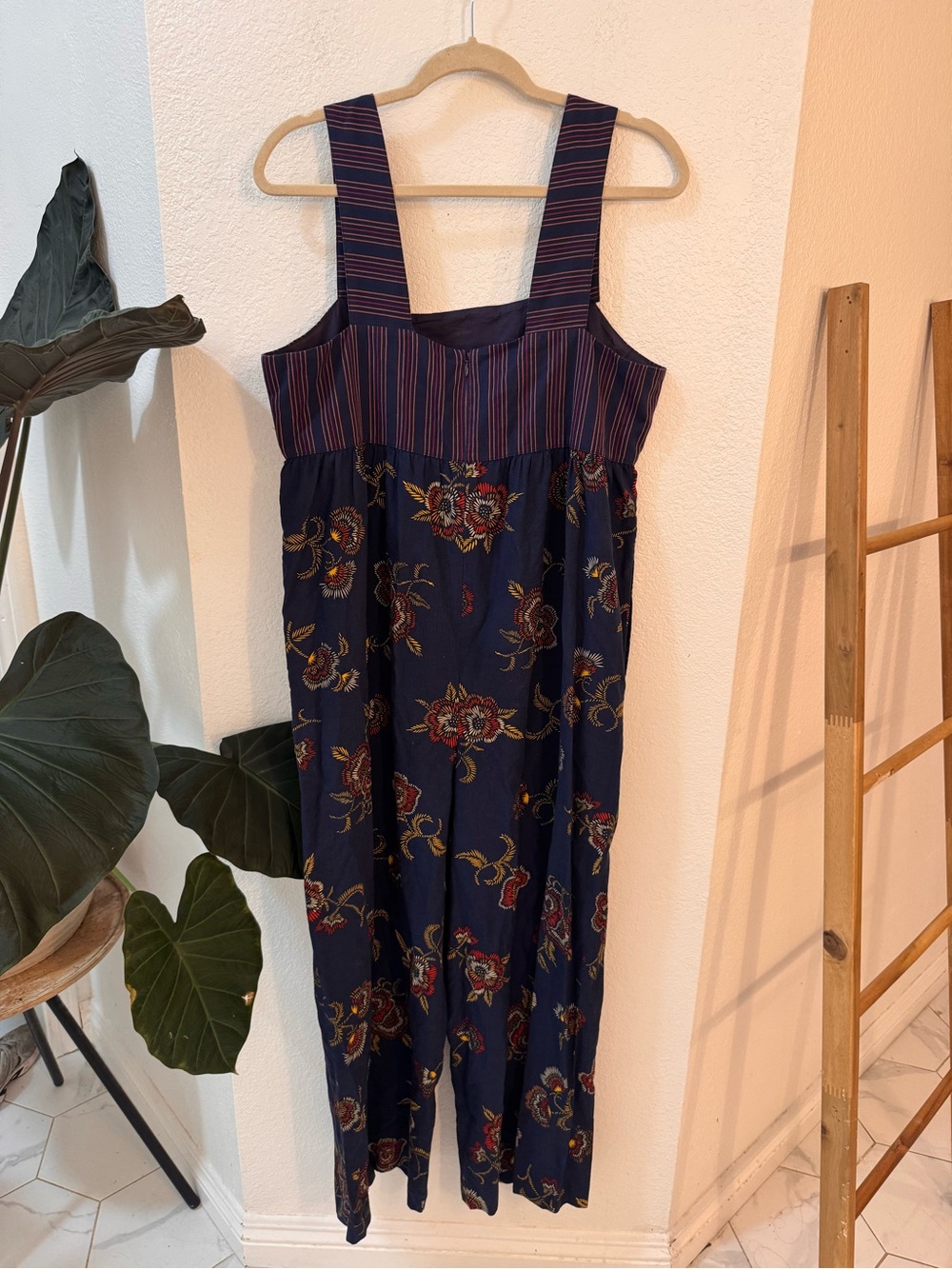Madewell X Warm Womens Navy Wide-Leg Jumpsuit W/ Paisley Print Square Neck Size8